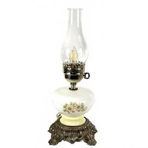 1971 L&LWMC Vintage Hurricane Lamp White Ceramic Floral Cast Metal Base